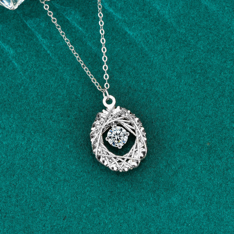 S925 Sterling Silver Woven Dream Net Egg-Shaped Pendant Necklace