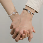S925 Sterling Silver Braided Couple Bracelet, White Chalcedony Safety Buckle with Obsidian Bamboo‑Joint
