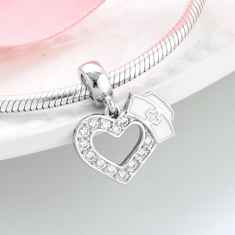 S925 Sterling Silver Heart Nurse Cap Zircon Inlaid Pendant
