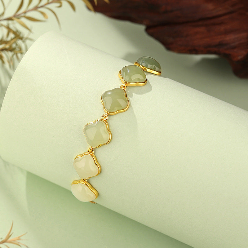S925 Sterling Silver Women Bracelet | Gradient Hetian Jade Four‑Leaf Clover