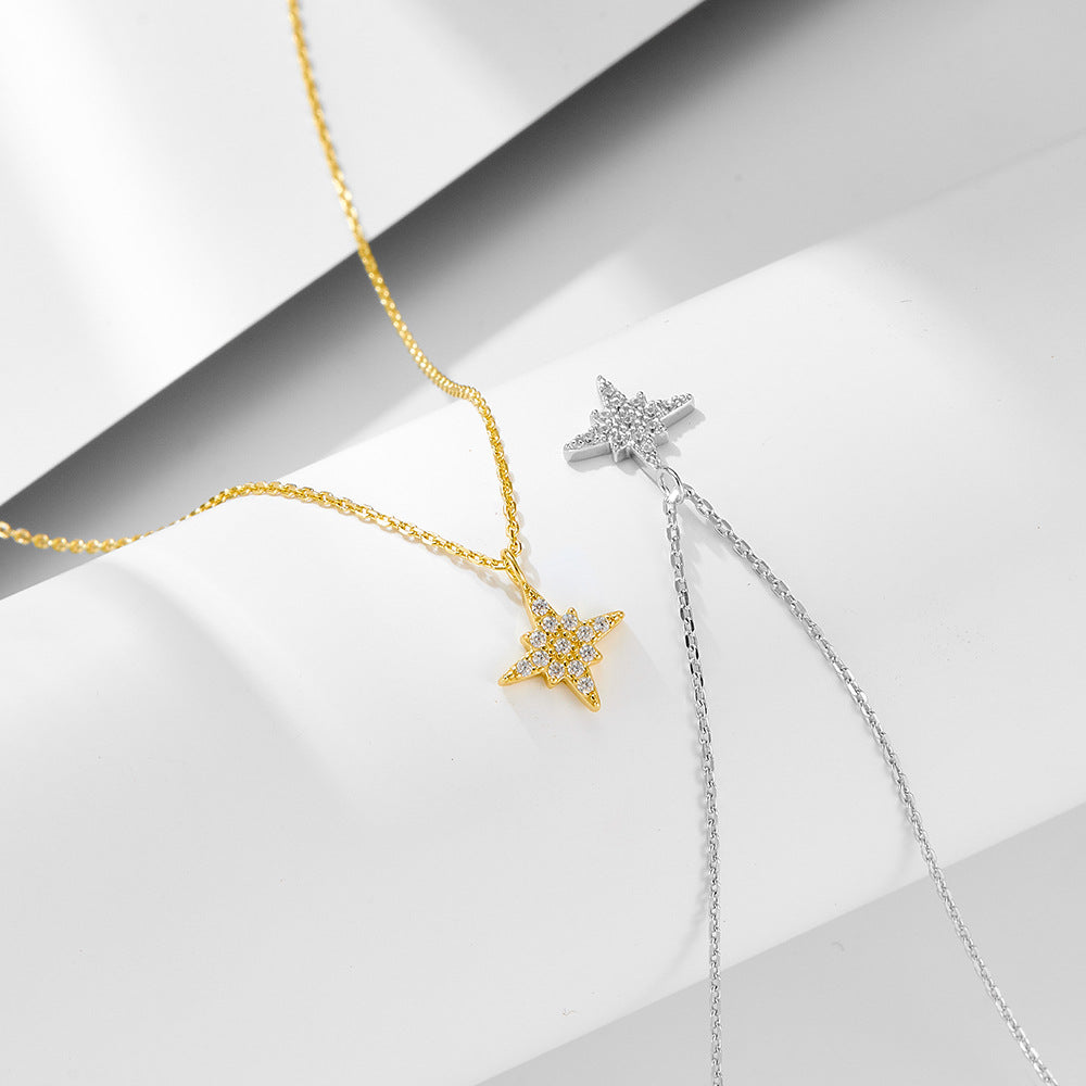 S925 Sterling Silver Full Zircon Inlaid Eight Awn Star Necklace