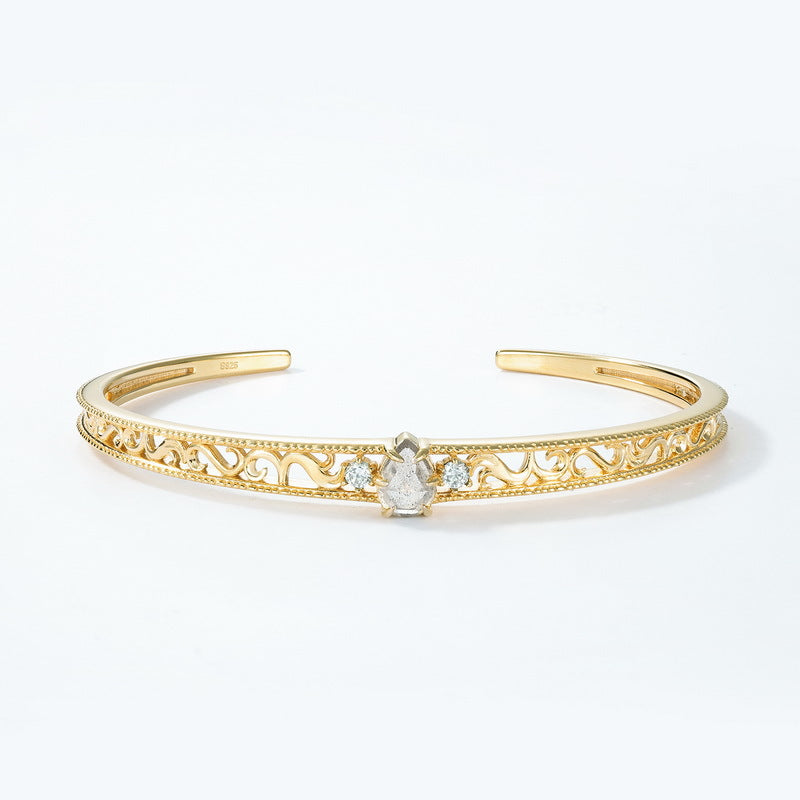 S925 Sterling Silver Gold-Plated Openwork Bangle Inlaid with Labradorite