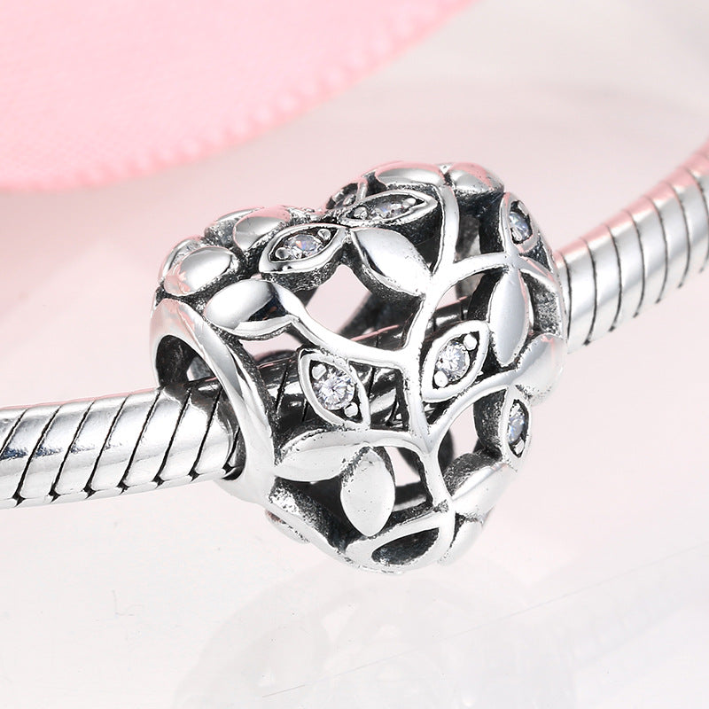 S925 Sterling Silver Loving Heart Shape Hollow Leaf Pattern Zircon Pendant