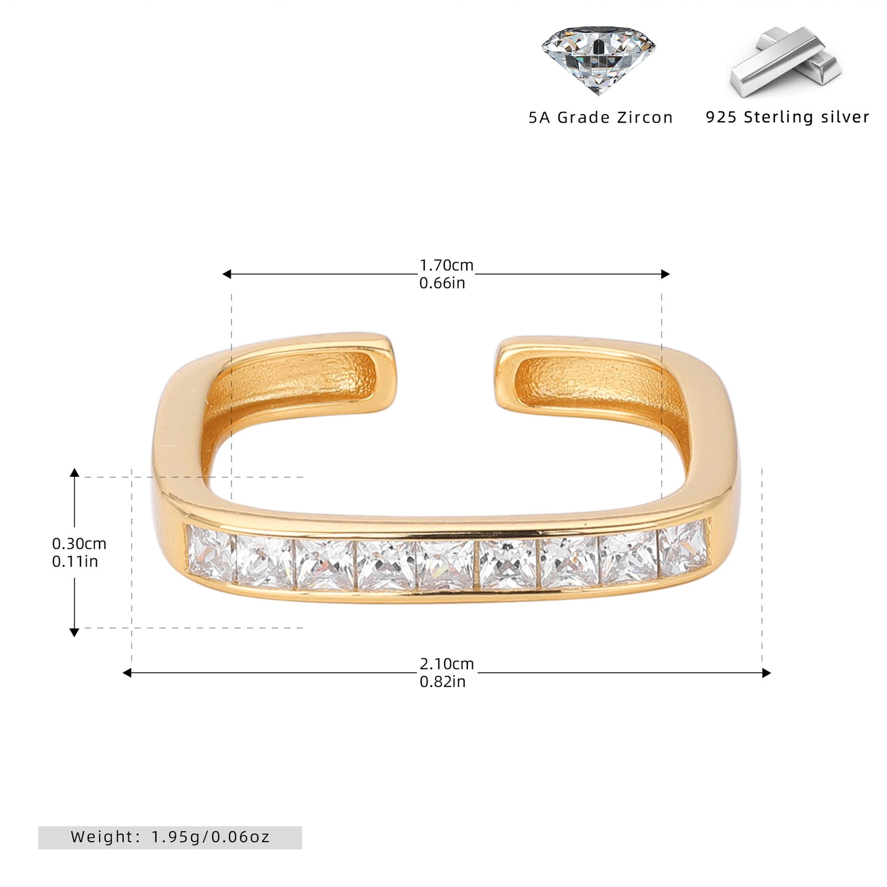 S925 sterling silver exquisite open ring set with square zircon stones