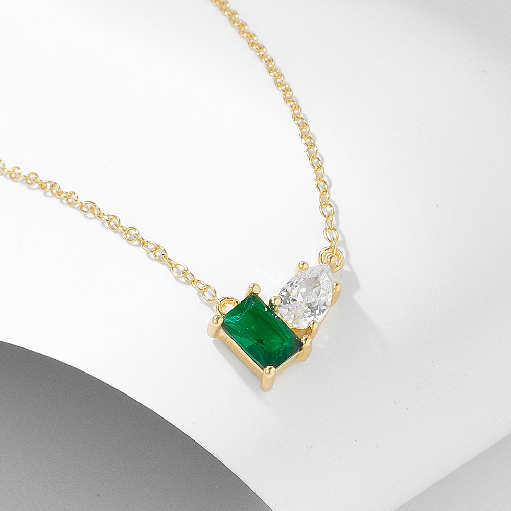 S925 Sterling Silver Inlaid Emerald Rectangular Water Drop Zircon Necklace