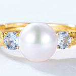 S925 Sterling Silver Gold-Plated Sky Blue Topaz Pearl Ring