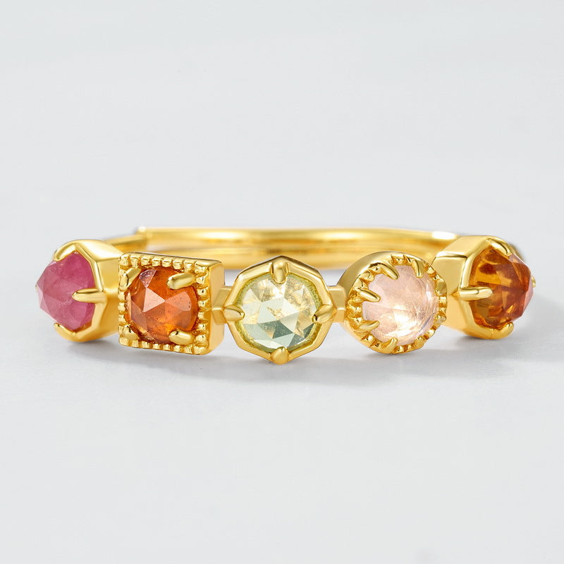 S925 Sterling Silver Gold-Plated Geometric Natural Gemstone Ring