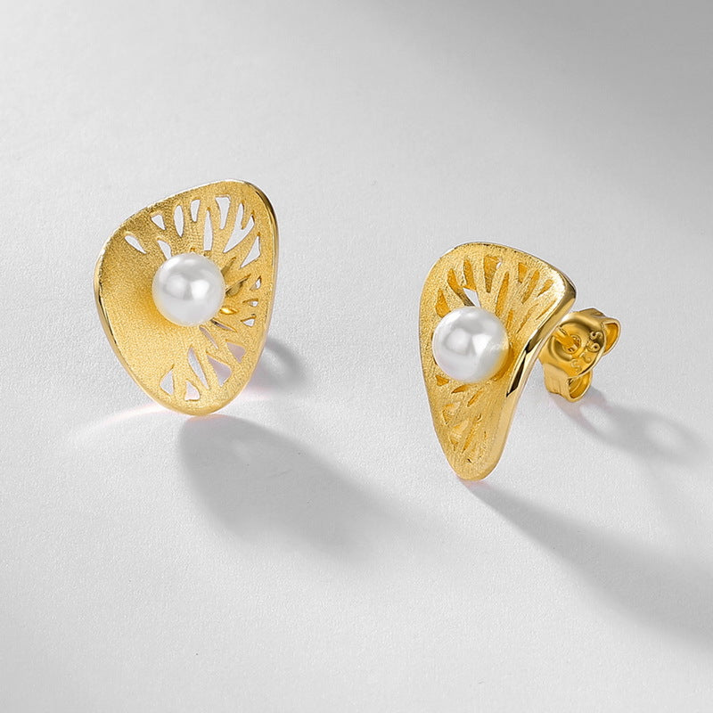 S925 Sterling Silver Gold-Plated Openwork Pattern Pearl Earrings