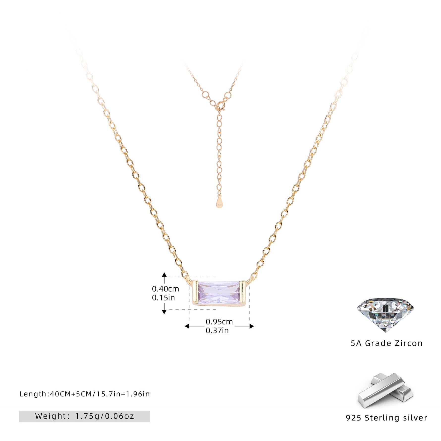 Rectangular colored zircon s925 sterling silver December birthstone collar necklace