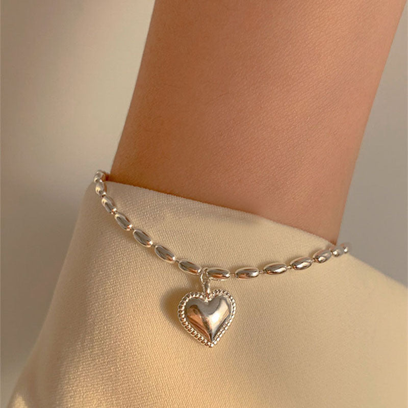 S925 Silver Heart-Shaped Bracelet with Olive-Link Chain