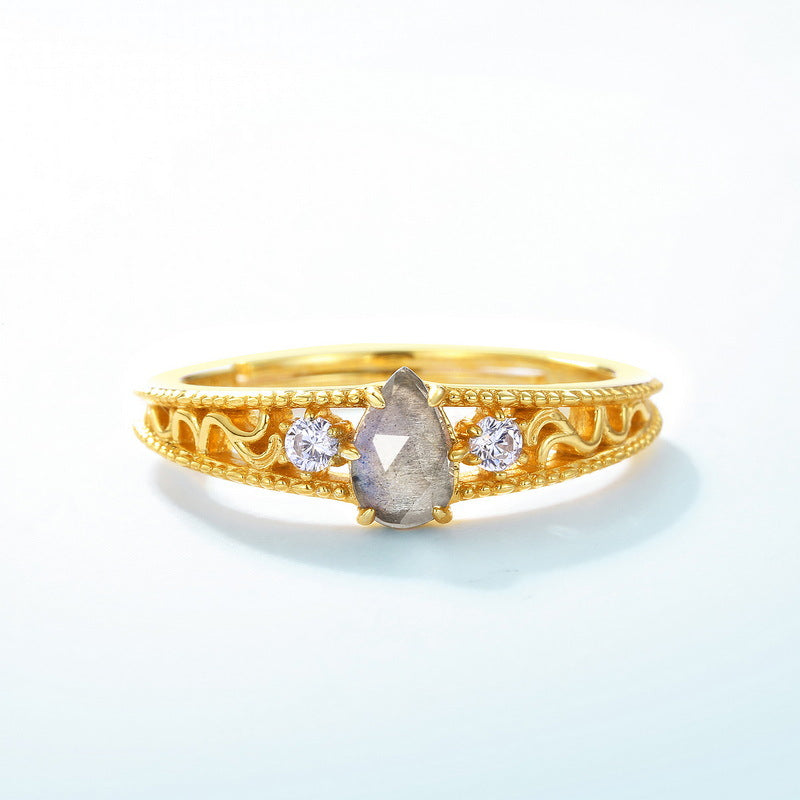 S925 Sterling Silver Gold-Plated Droplet Labradorite Ring