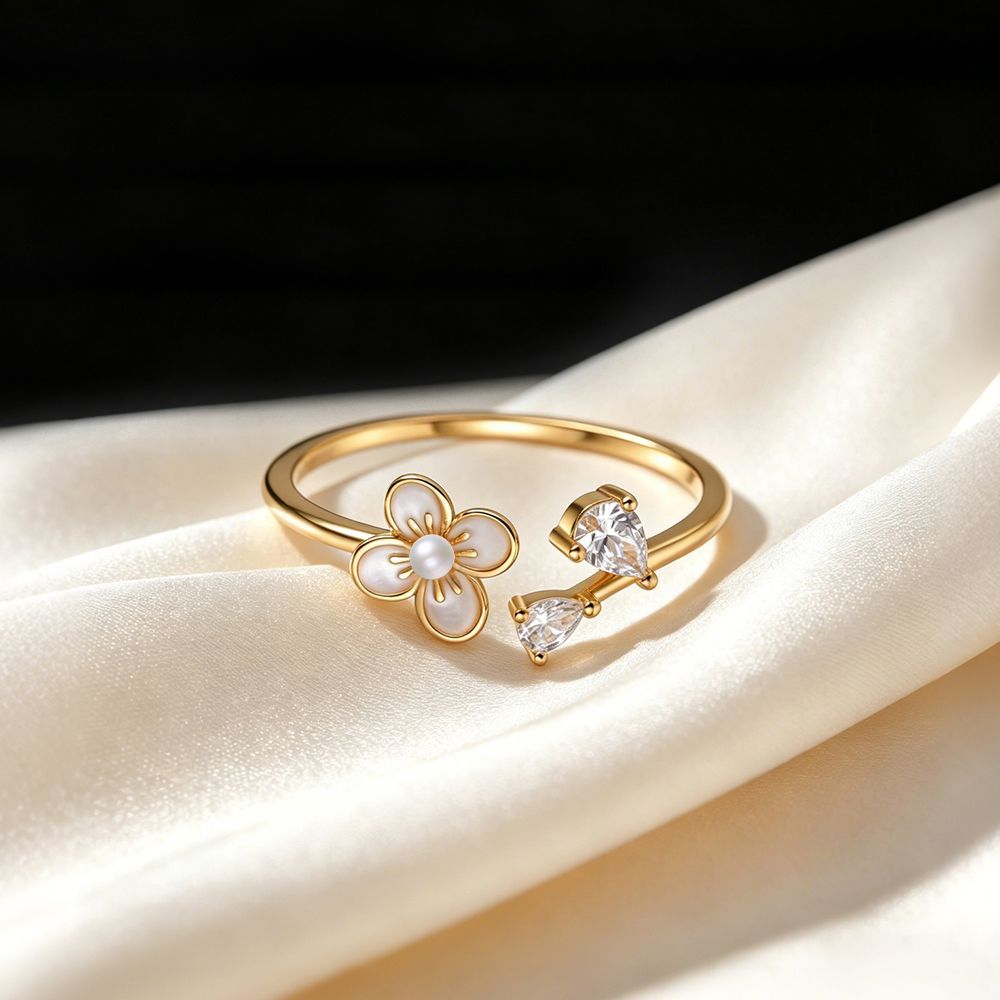 S925 Sterling Silver Open Ring with Flower and Zirconia
