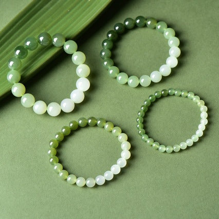 S925 Sterling Silver Natural Hetian Jade Gradient Qingshui Round Bead Bracelet