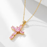 S925 Sterling Silver Pink Zircon Cross Necklace