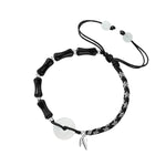 S925 Sterling Silver Braided Couple Bracelet, White Chalcedony Safety Buckle with Obsidian Bamboo‑Joint