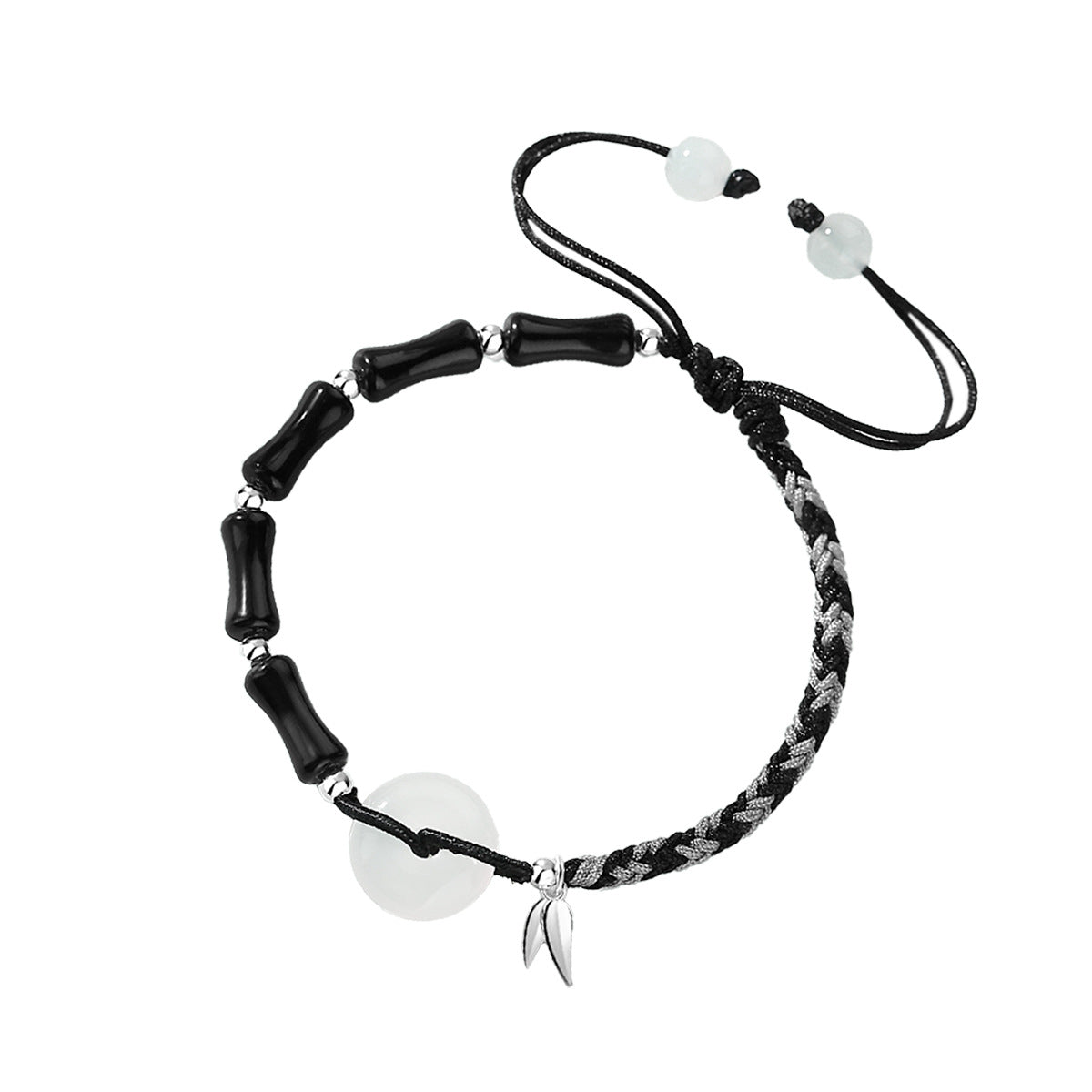 S925 Sterling Silver Braided Couple Bracelet, White Chalcedony Safety Buckle with Obsidian Bamboo‑Joint