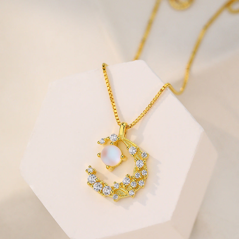 S925 Sterling Silver Moonstone and Zircon Collarbone Necklace