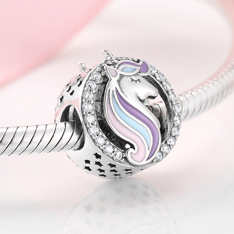 S925 Sterling Silver Unicorn Bead Pendant with Zircon Trim