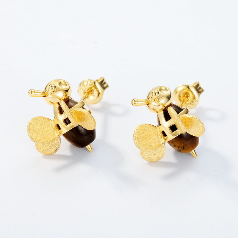 S925 Sterling Silver Gold-Plated Bee Earrings with Tiger Eye Stone