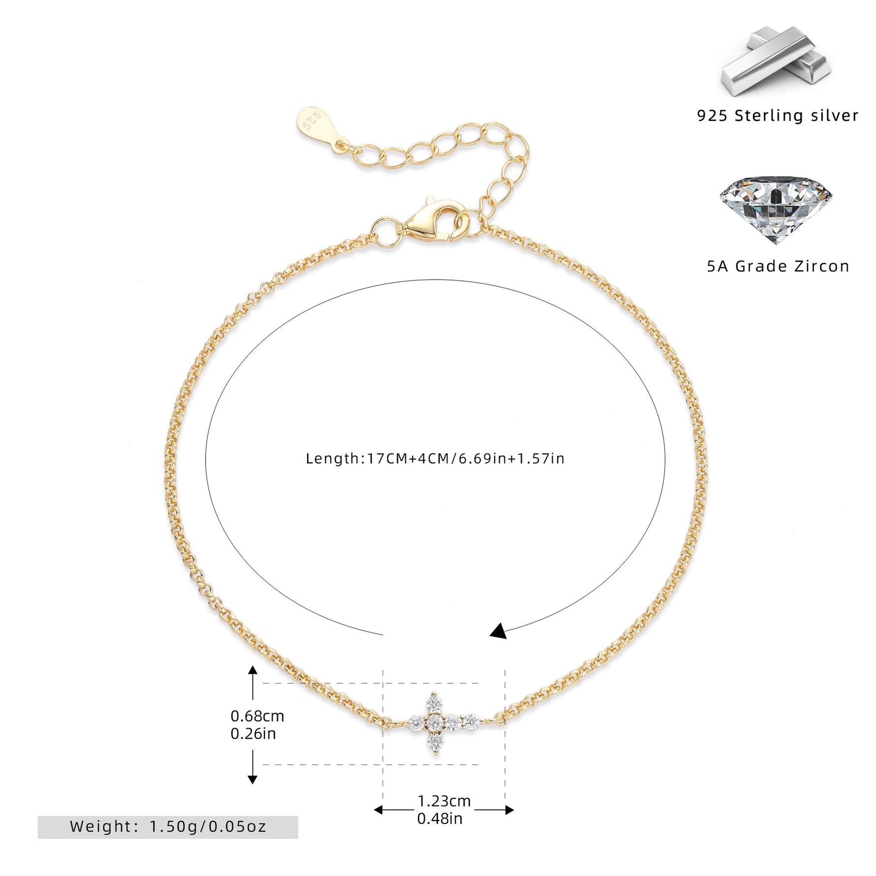S925 Sterling Silver Cross Bracelet with Zirconia