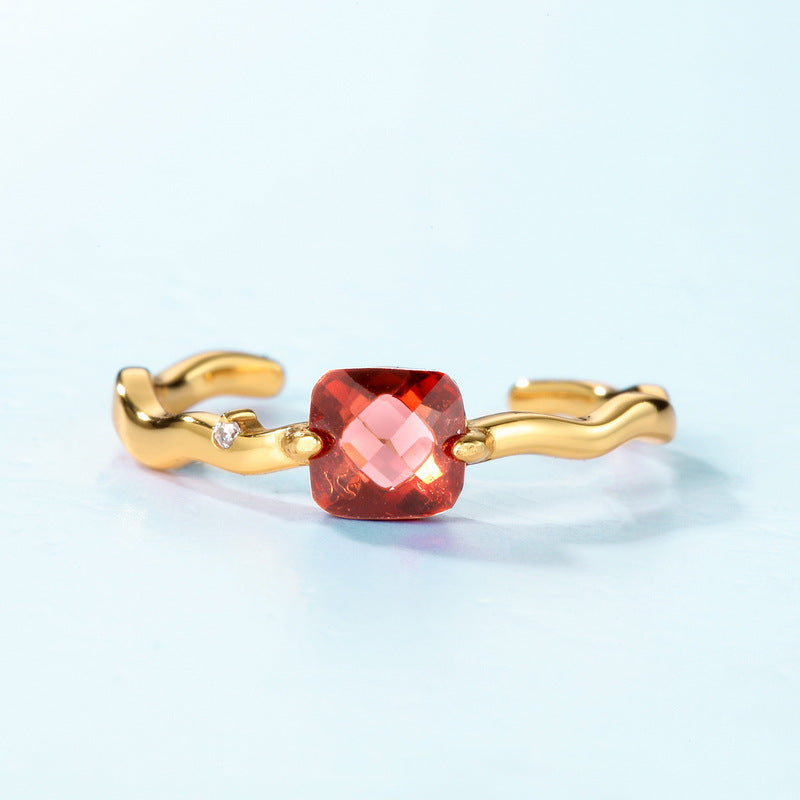 S925 Sterling Silver Gold-Plated Natural Garnet Ring