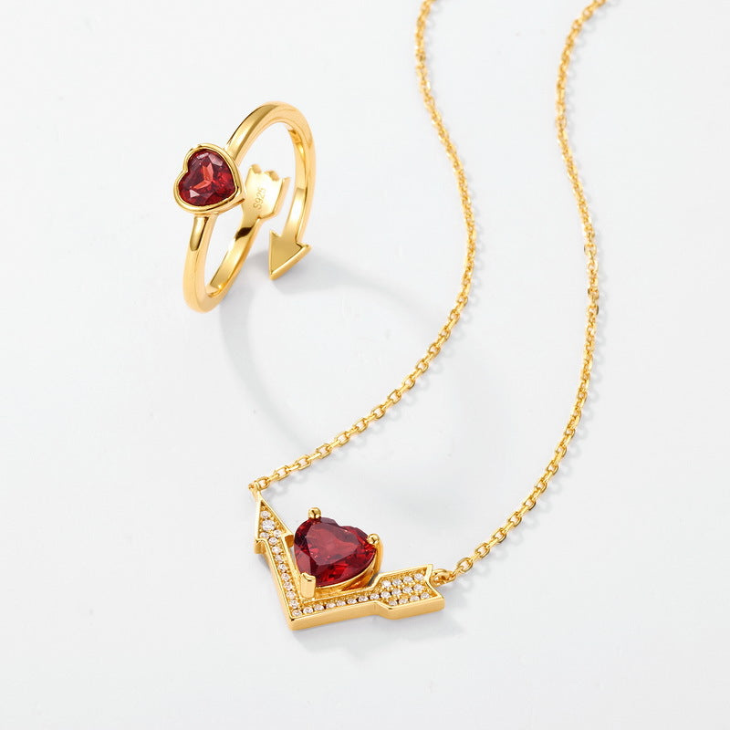 S925 Sterling Silver Gold Plated Heart-Piercing Garnet Pendant Zircon Necklace