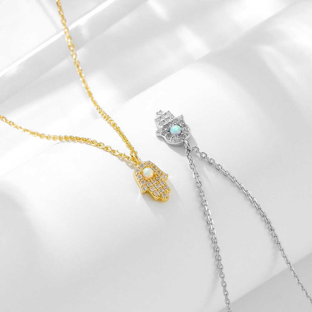 S925 Sterling Silver Fatima Hand Zircon Inlaid Necklace