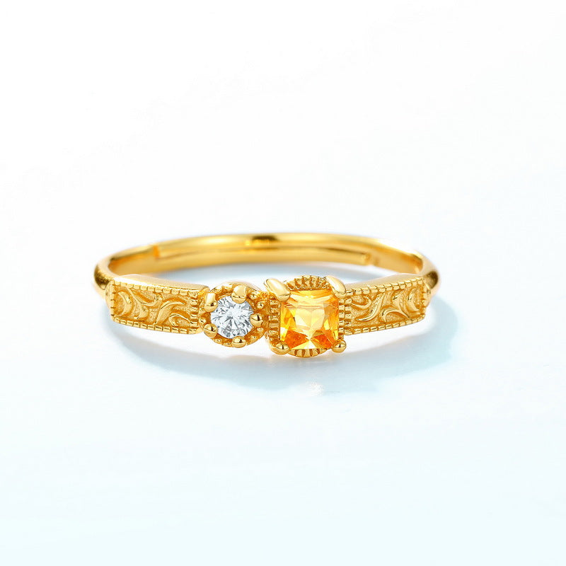 S925 Sterling Silver Gold-Plated Geometric Square Yellow Crystal Ring