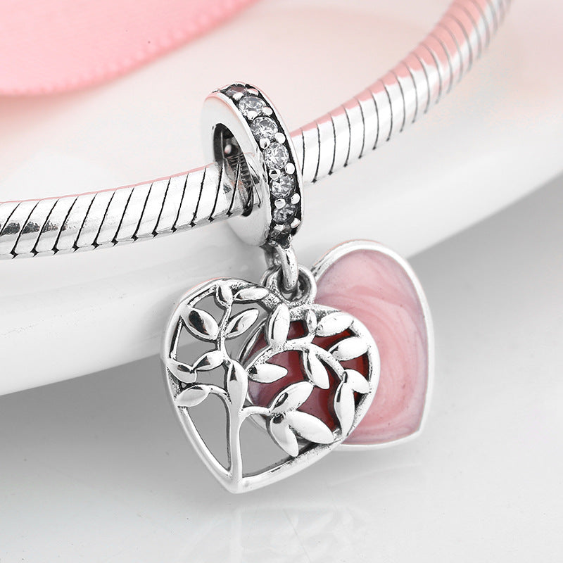 S925 Sterling Silver Loving Heart Pink Gradient Lucky Tree Hollow Design Zircon Pendant