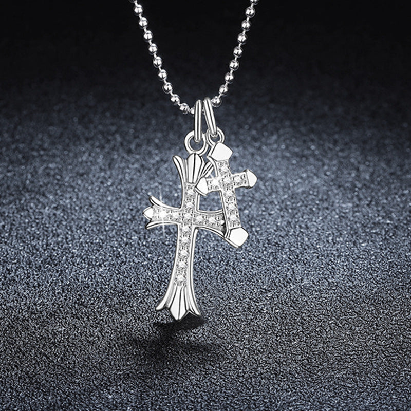 S925 Sterling Silver Moissanite Double Cross Necklace