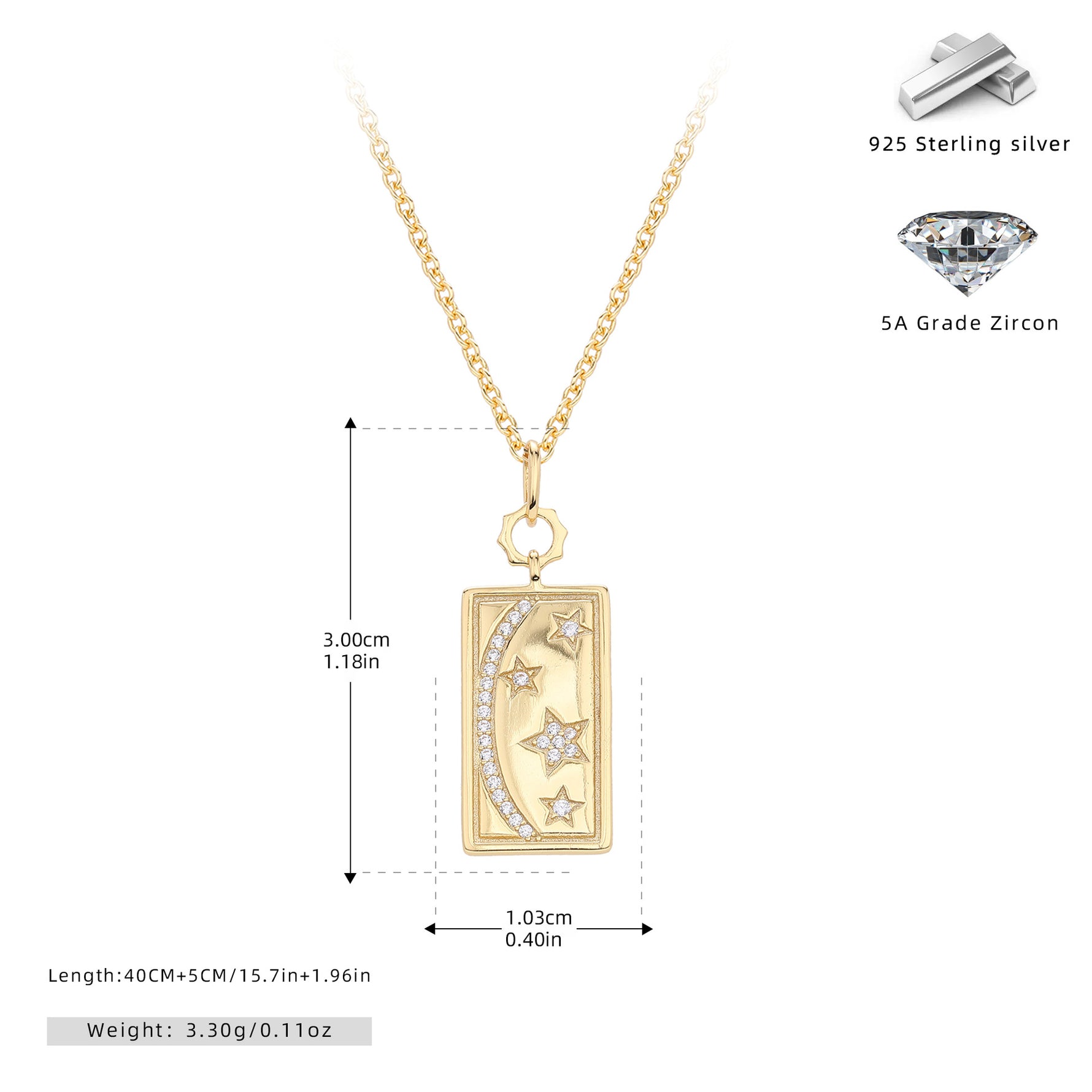 S925 Sterling Silver French Style Star Zircon Inlaid Stone Pendant Necklace