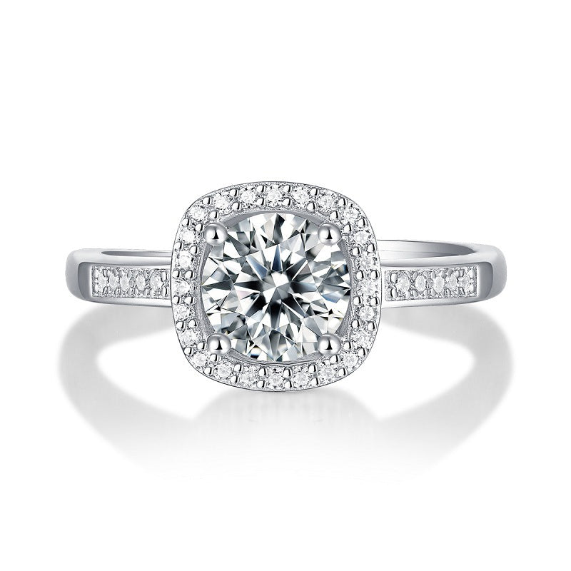 S925 Silver Small Square Adjustable Open Ring with Moissanite Halo Setting