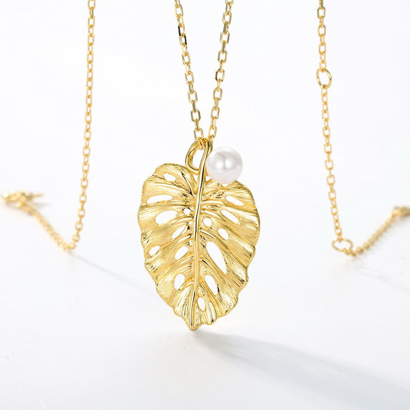 S925 Sterling Silver Gold-Plated Leaf Shell Pearl Pendant Necklace