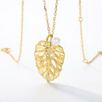 S925 Sterling Silver Gold-Plated Leaf Shell Pearl Pendant Necklace