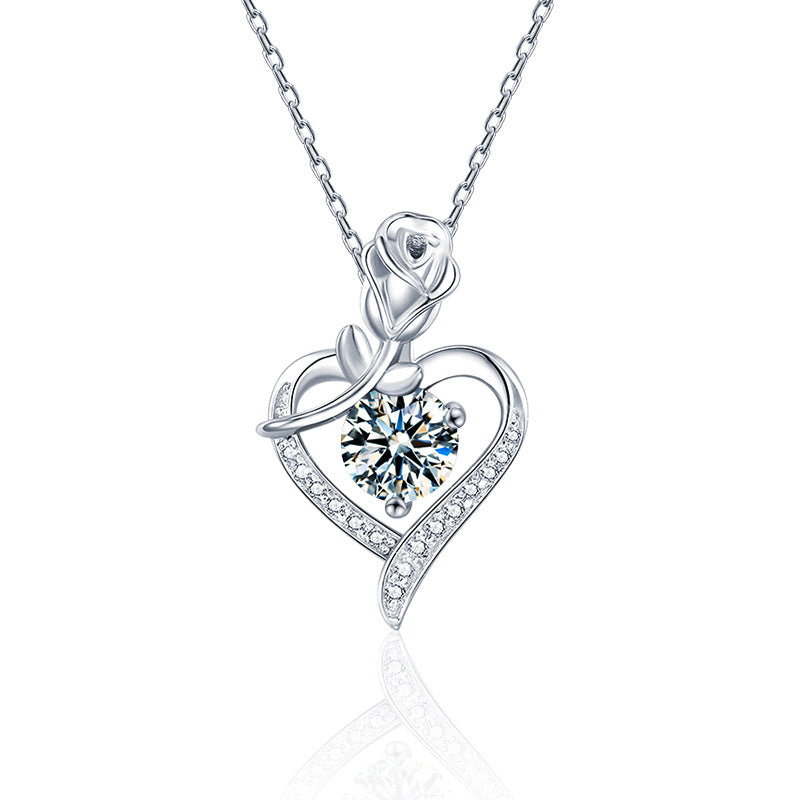 S925 Sterling Silver Heart-shaped Rose Moissanite Necklace
