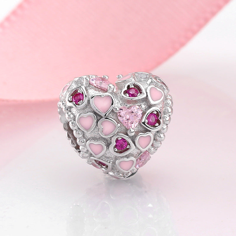 S925 Sterling Silver Heart Bead Pink Zircon Pendant