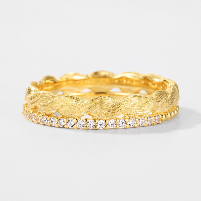 S925 Sterling Silver Gold-Plated Twisted Rope Zircon Inlaid Ring
