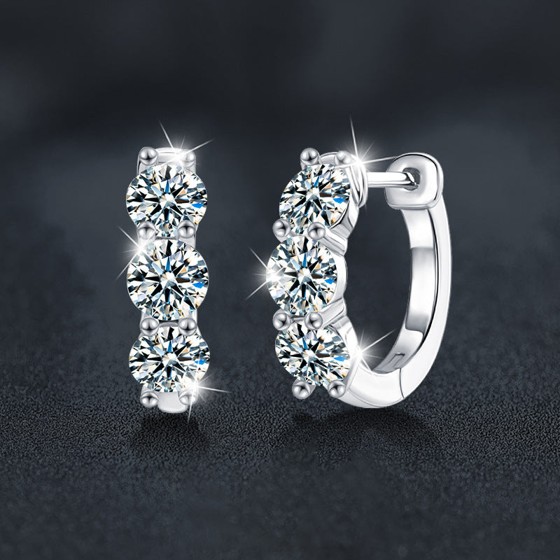 S925 Sterling Silver Moissanite Round Earrings with Diamond Bars