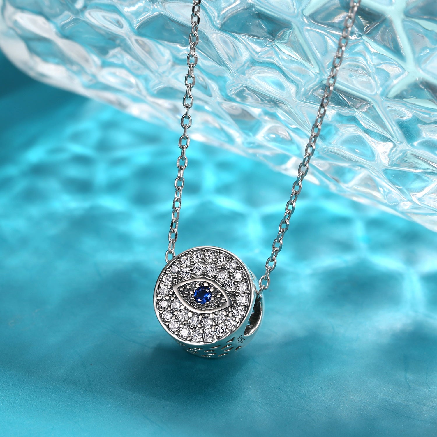 S925 Sterling Silver Round Evil Eye Zircon Inlaid Bead Pendant