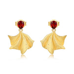 S925 Sterling Silver Gold-Plated Garnet Fan-Shaped Ginkgo Leaf Earrings