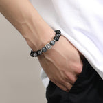 999 Pure Silver Octagram Obsidian Neo‑Chinese Cool Style Bracelet for Men,