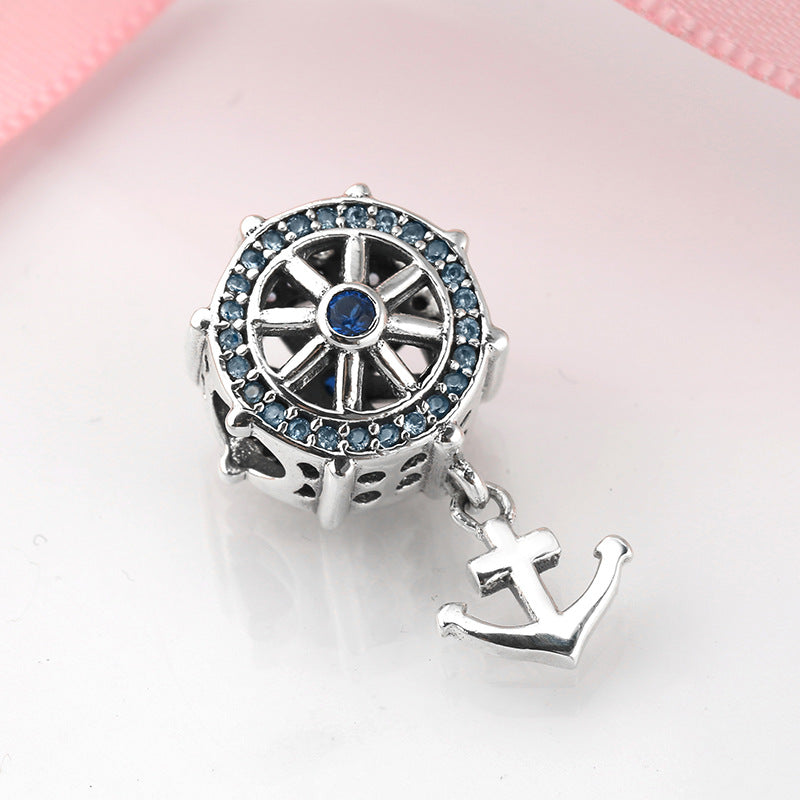 S925 Sterling Silver Inlaid Zircon Rudder Boat Anchor Beaded Pendant