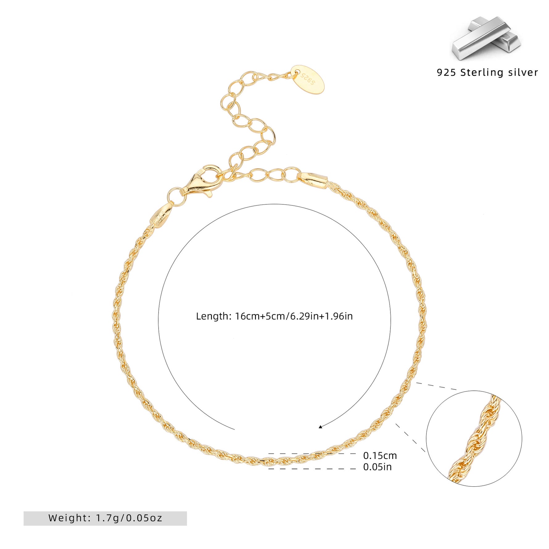 S925 Sterling Silver Twisted Rope Bracelet