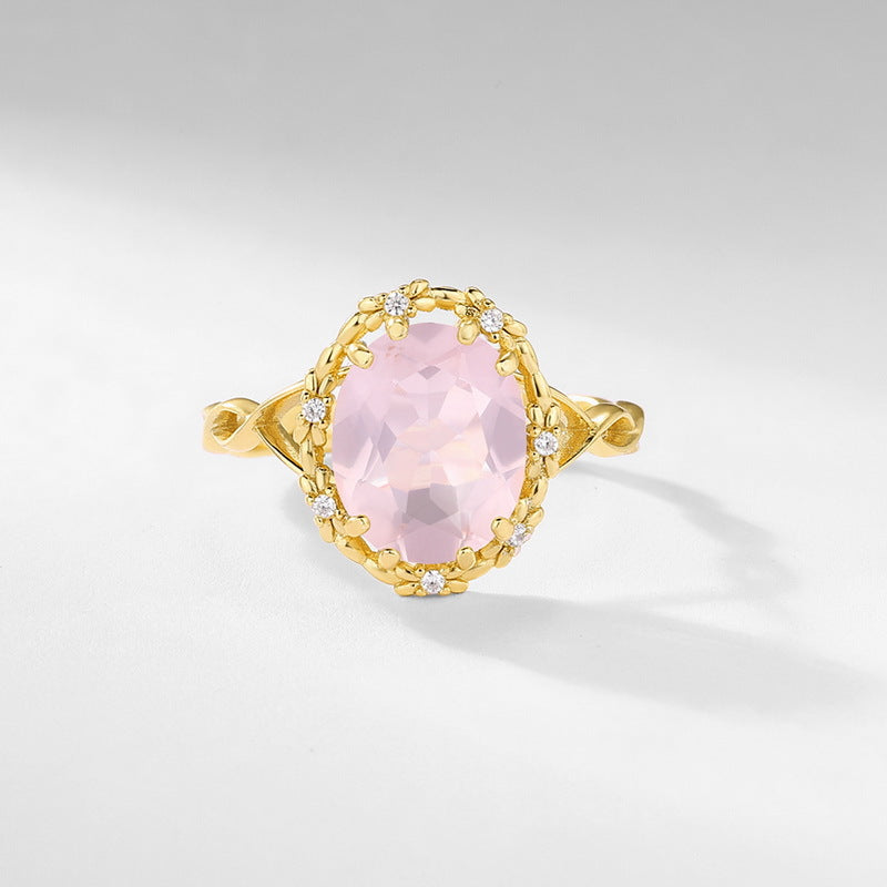 S925 Sterling Silver Gold-Plated Natural Rose Crystal Carved Ring