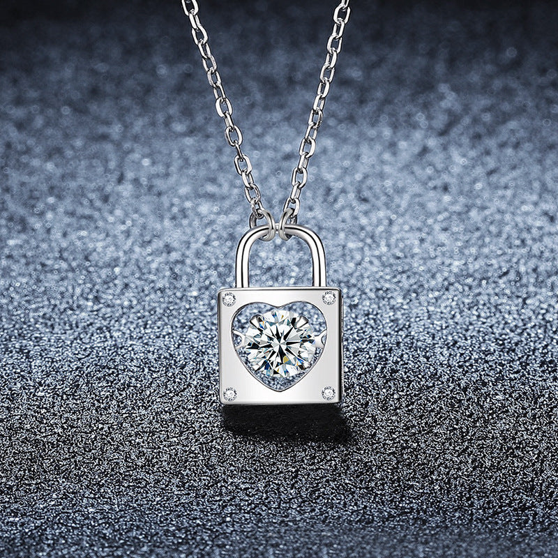 S925 Sterling Silver Moissanite Heart-Shape Lock Pendant Necklace