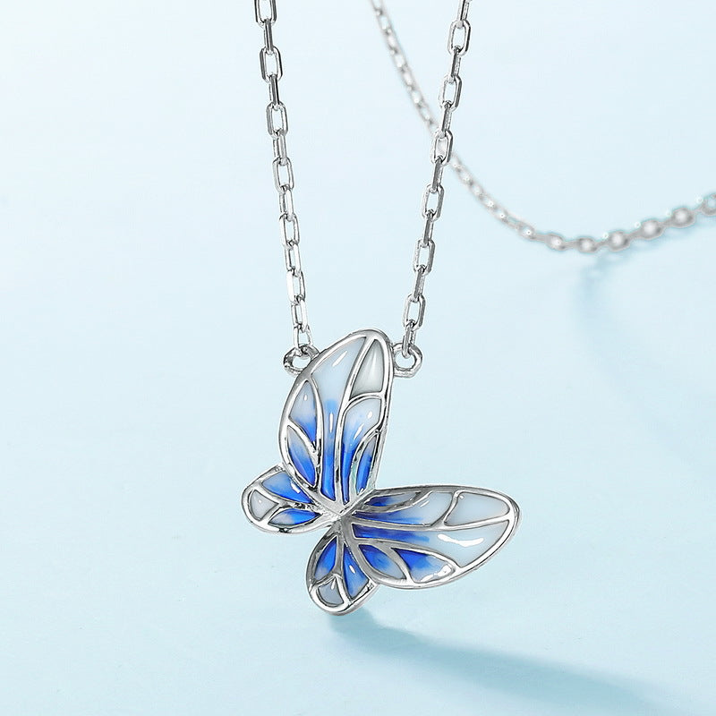 S925 Sterling Silver Blue Openwork Enamel Butterfly Pendant Zircon Necklace
