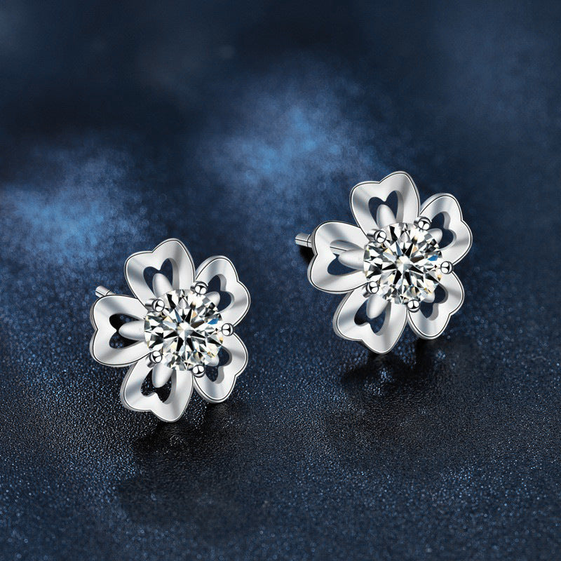 Summer Artistic-Style Moissanite Earrings — Cherry Blossom Studs for Women