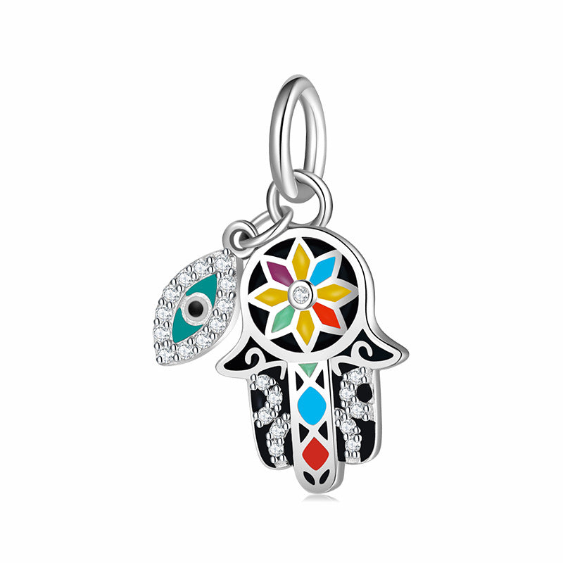 S925 Sterling Silver Hamsa Hand-Shaped Pendant with Diamonds, Epoxy Resin, Blue Eye Ethnic Style Jewelry