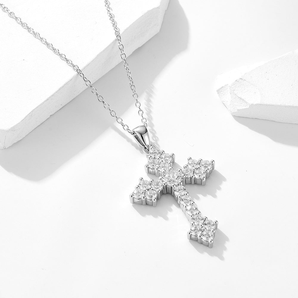 S925 Sterling Silver Cross Full Zircon Inlaid Pendant Necklace