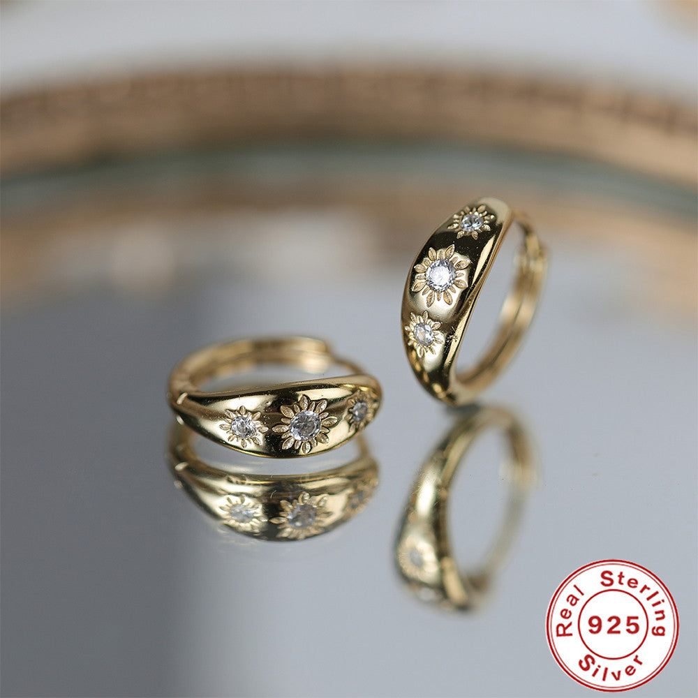S925 Sterling Silver Octagonal Star Textured Hoop Earrings with Zirconia Inlay
